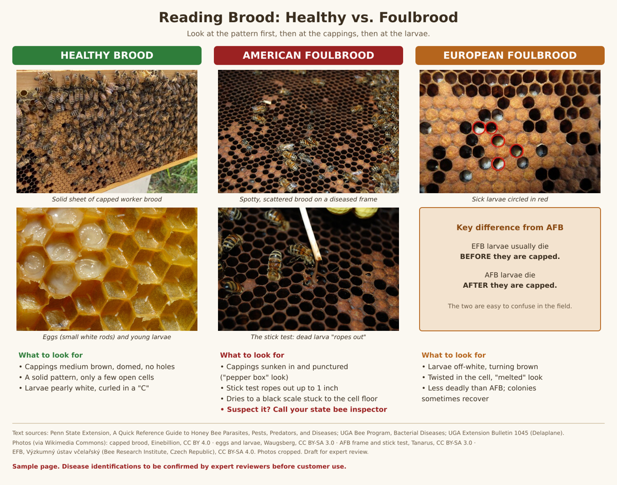 Comparison of healthy brood, American foulbrood and European foulbrood